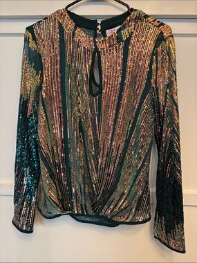 Green Sequin Striped Long-Sleeve Blouse